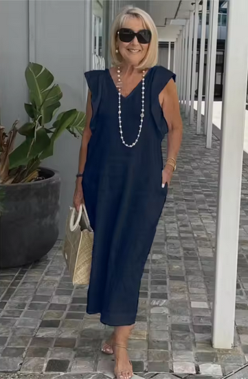 Ärmelloses Leinenkleid mit V-Ausschnitt