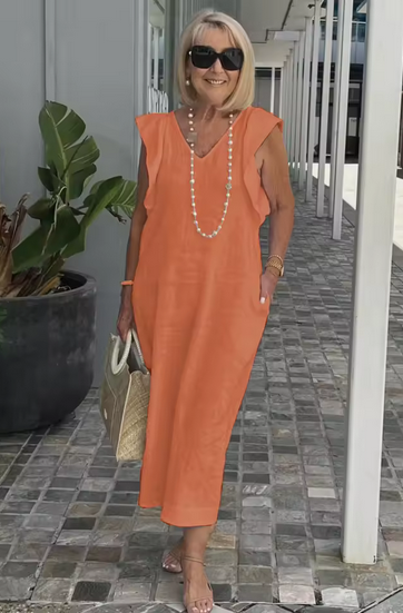 Ärmelloses Leinenkleid mit V-Ausschnitt