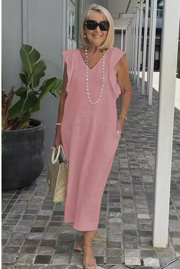 Ärmelloses Leinenkleid mit V-Ausschnitt