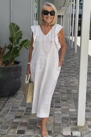 Ärmelloses Leinenkleid mit V-Ausschnitt