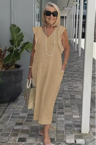 Ärmelloses Leinenkleid mit V-Ausschnitt