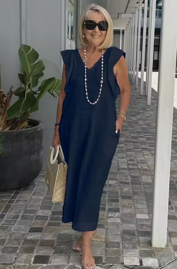 Ärmelloses Leinenkleid mit V-Ausschnitt