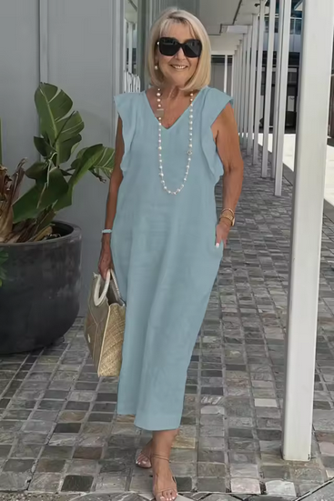 Ärmelloses Leinenkleid mit V-Ausschnitt