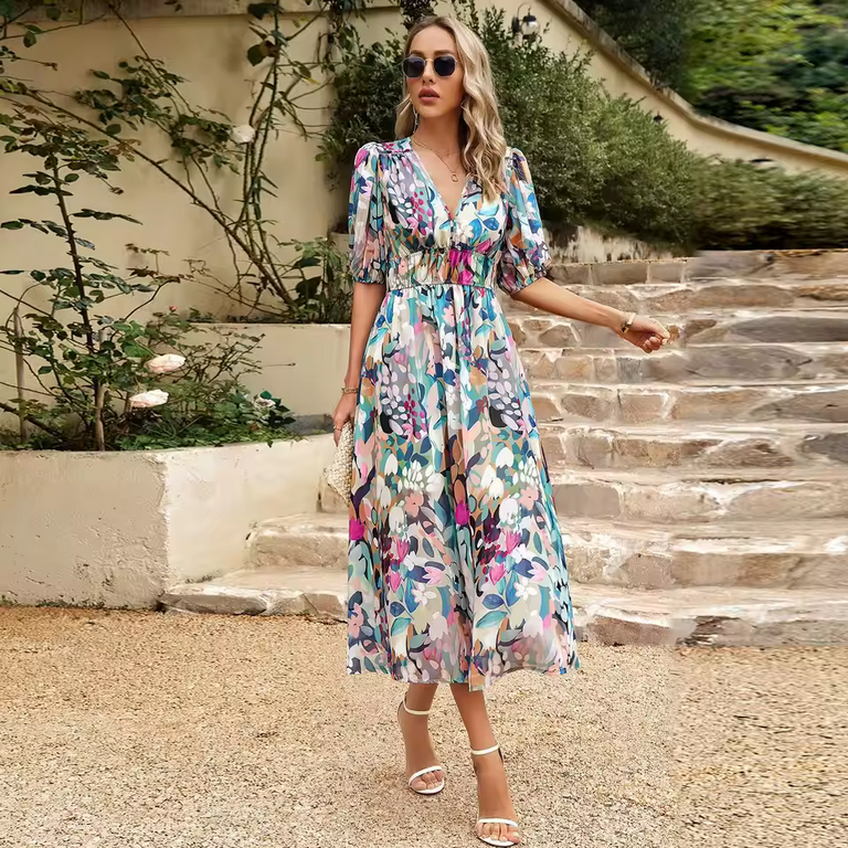 Boho-Kleid - Mehrfarbig & V-Ausschnitt