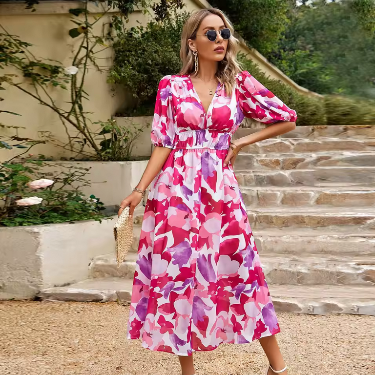Boho-Kleid - Mehrfarbig & V-Ausschnitt