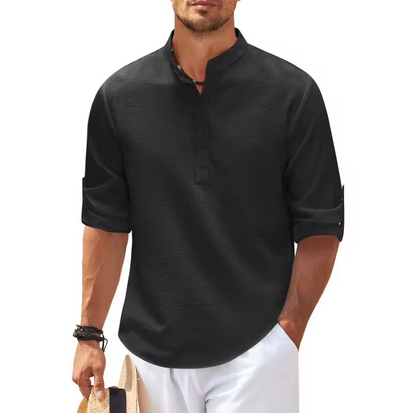 Elegantes Leinenshirt - Mit Stehkragen & kurzer Knopfleiste