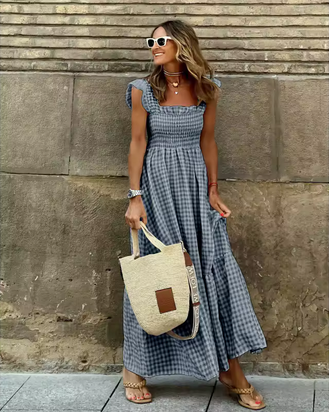 Kariertes Sommerkleid - elastische Taille & Rüschen