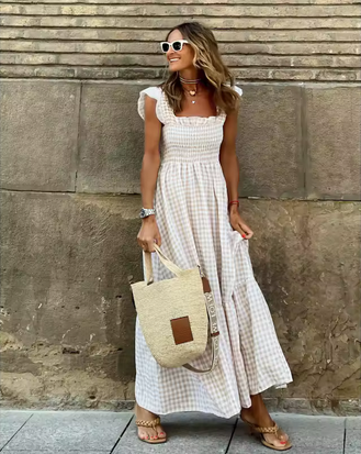 Kariertes Sommerkleid - elastische Taille & Rüschen