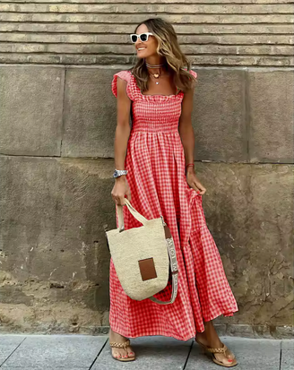 Kariertes Sommerkleid - elastische Taille & Rüschen