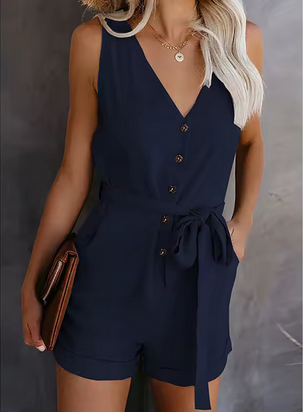 Leichter Playsuit - Akkurate Knopfleiste & Bindegürtel