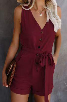Leichter Playsuit - Akkurate Knopfleiste & Bindegürtel