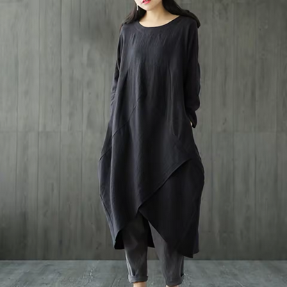 Leinenkleid im Tunikastil - Lang & O-Hals