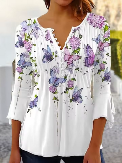 Originelle Sommerbluse - Halblange Ärmel und florale Muster