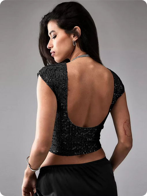 Pailletten-Crop-Top – Rundhalsausschnitt & Offener Rücken