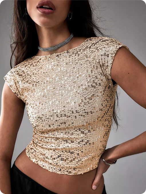 Pailletten-Crop-Top – Rundhalsausschnitt & Offener Rücken