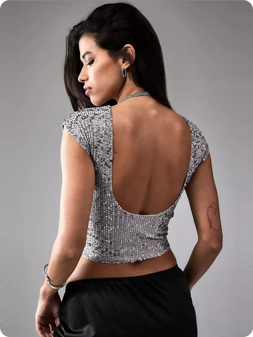 Pailletten-Crop-Top – Rundhalsausschnitt & Offener Rücken