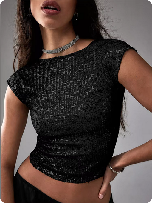 Pailletten-Crop-Top – Rundhalsausschnitt & Offener Rücken