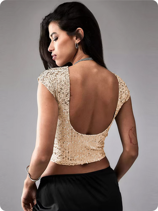 Pailletten-Crop-Top – Rundhalsausschnitt & Offener Rücken