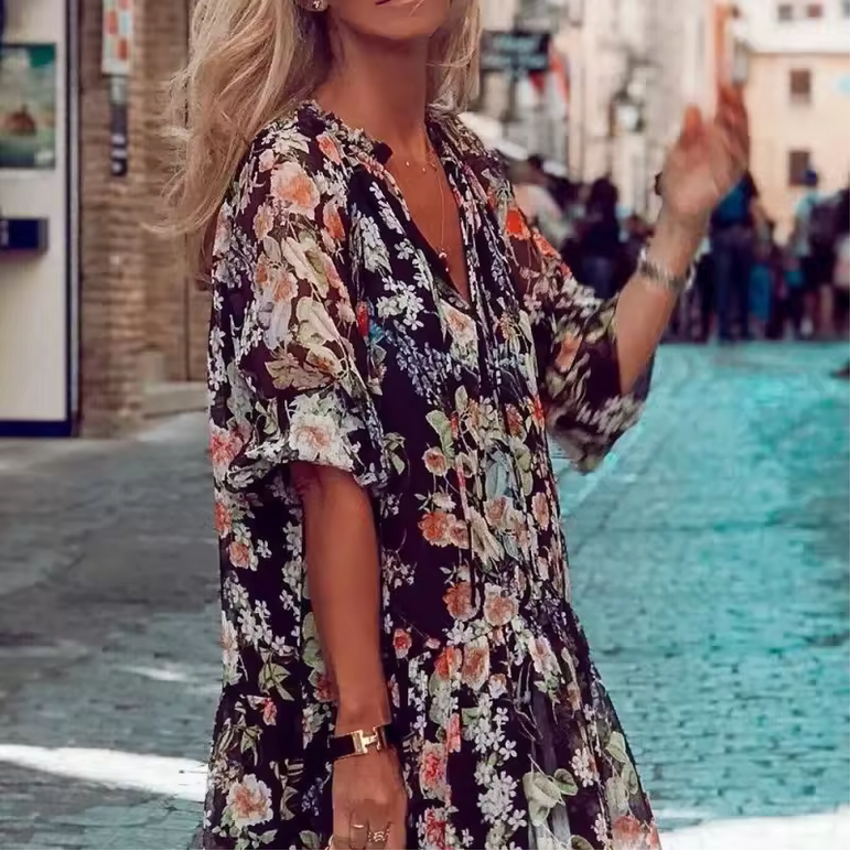 Trendiges Boho-Kleid - V-Ausschnitt & A-Linie