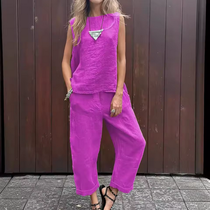 2-teiliges, casual Leinenset - ärmellos & atmungsaktiv