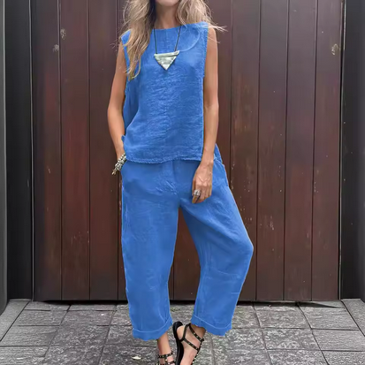 2-teiliges, casual Leinenset - ärmellos & atmungsaktiv