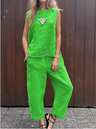 2-teiliges, casual Leinenset - ärmellos & atmungsaktiv