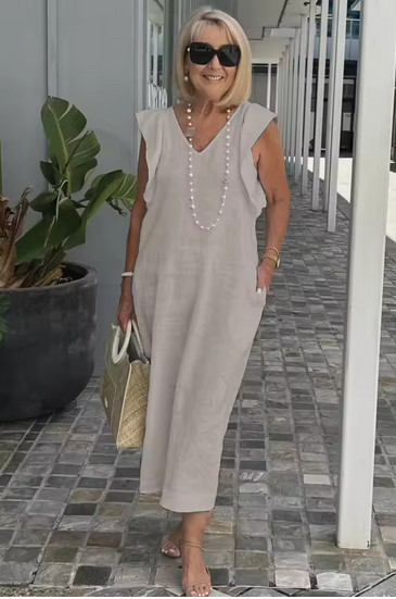 Ärmelloses Leinenkleid mit V-Ausschnitt