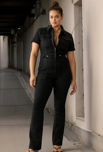 Einfarbiger Jumpsuit - Mit kurzen Ärmeln & Reißverschluss