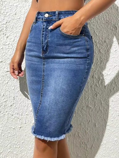 Eleganter High-Waist Jeansrock - Mit ausgefranstem Saum