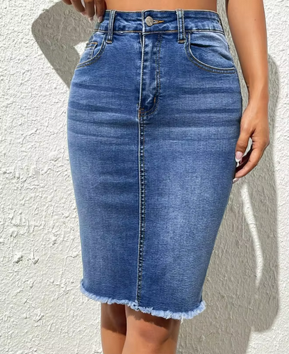 Eleganter High-Waist Jeansrock - Mit ausgefranstem Saum