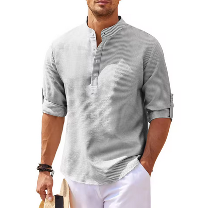 Elegantes Leinenshirt - Mit Stehkragen & kurzer Knopfleiste