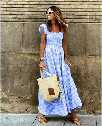 Kariertes Sommerkleid - elastische Taille & Rüschen
