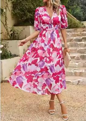 Klassisches Midikleid - Hochtailliert & farbenfrohes Muster