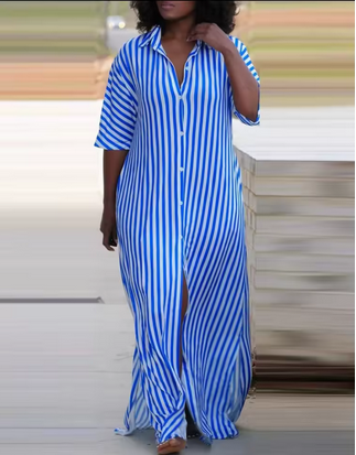 Langes Maxikleid - Knopfleiste & gestreiftes Design