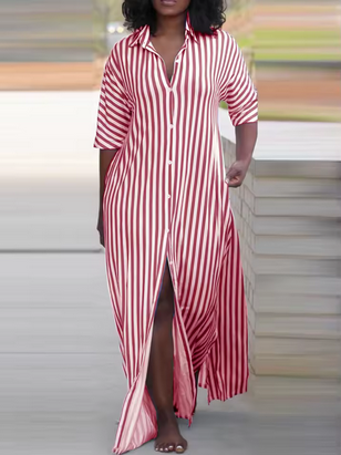 Langes Maxikleid - Knopfleiste & gestreiftes Design
