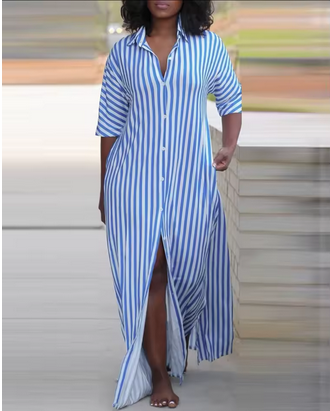 Langes Maxikleid - Knopfleiste & gestreiftes Design