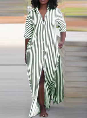 Langes Maxikleid - Knopfleiste & gestreiftes Design