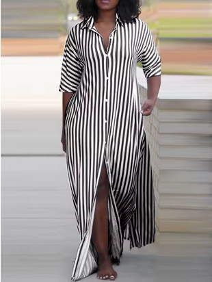 Langes Maxikleid - Knopfleiste & gestreiftes Design