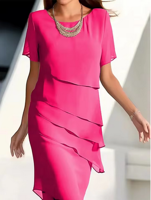 Leichtes Abendkleid - Kurzärmlig mit O-Hals & Lagendesign