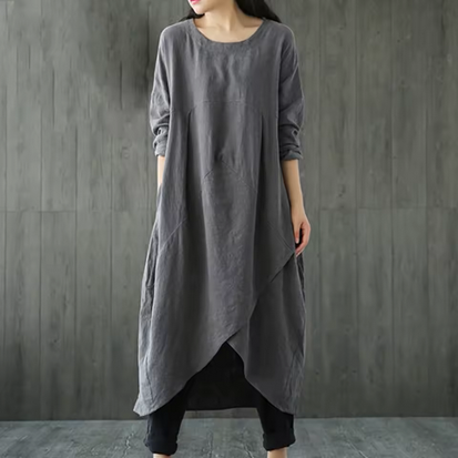 Leinenkleid im Tunikastil - Lang & O-Hals