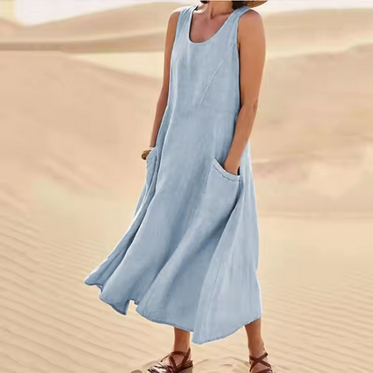 Midikleid aus Leinen - Breite Träger & Seitentaschen