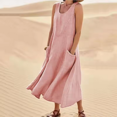 Midikleid aus Leinen - Breite Träger & Seitentaschen