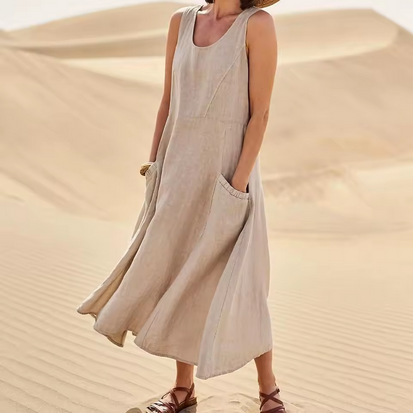 Midikleid aus Leinen - Breite Träger & Seitentaschen