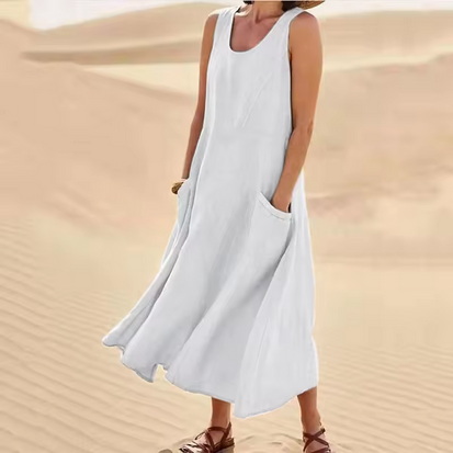 Midikleid aus Leinen - Breite Träger & Seitentaschen