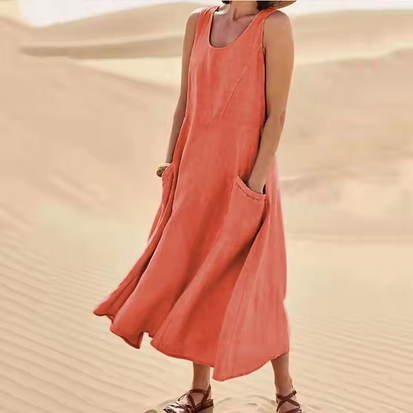Midikleid aus Leinen - Breite Träger & Seitentaschen