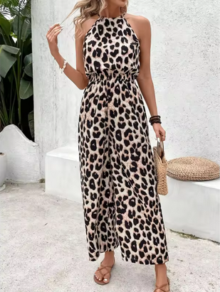 Modischer, ärmelloser Jumpsuit mit Leomusterung
