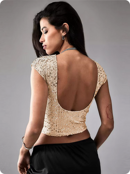 Pailletten-Crop-Top – Rundhalsausschnitt & Offener Rücken