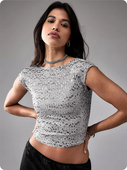 Pailletten-Crop-Top – Rundhalsausschnitt & Offener Rücken