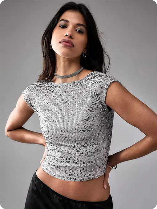 Pailletten-Crop-Top – Rundhalsausschnitt & Offener Rücken