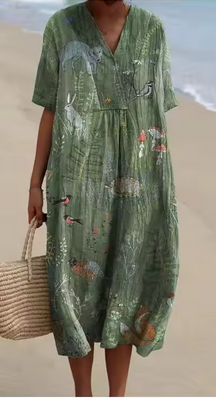 Weiches Leinenkleid mit verschiedenen Blumenmotiven